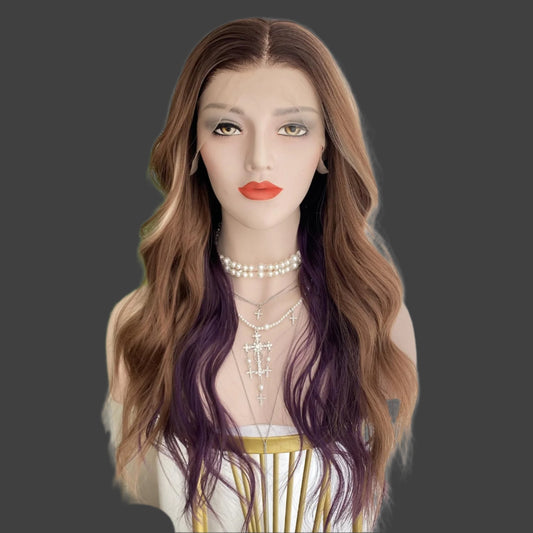 Honey Blonde Wigs Highlight Blonde and Purple 13x4 Synthetic Fiber Lace Front Wig Long Loose Body Wave 20Inch Pre Plucked Hairline for Women