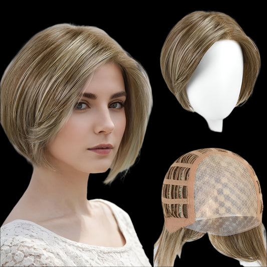 AKA; WALLYN MONO.    Mono Top Lace Front Synthetic Wig - Futura Hair Free Part Wig for Women, Brown Bob, Short, Monofilament, Glueless, Heat Resistant, Light Brown Blonde Highlight, 8Inch
