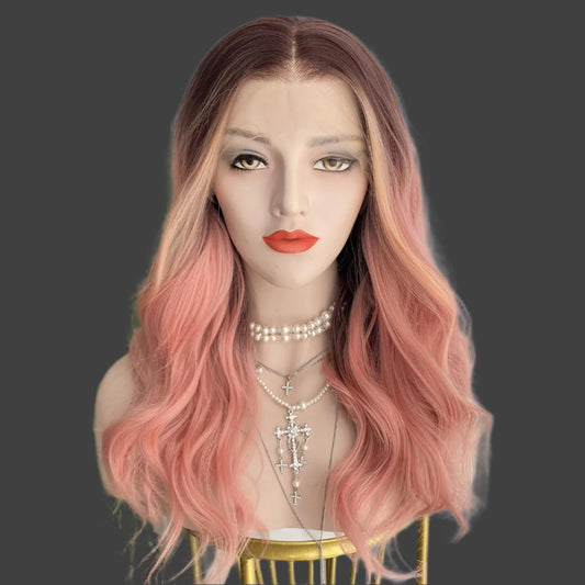 AKA GEORGIA.  Rose Pink Wigs Highlight Orange Ombre Color 13x4 Synthetic Fiber Lace Front Wig Body Wave 18Inch Pre Plucked Hairline