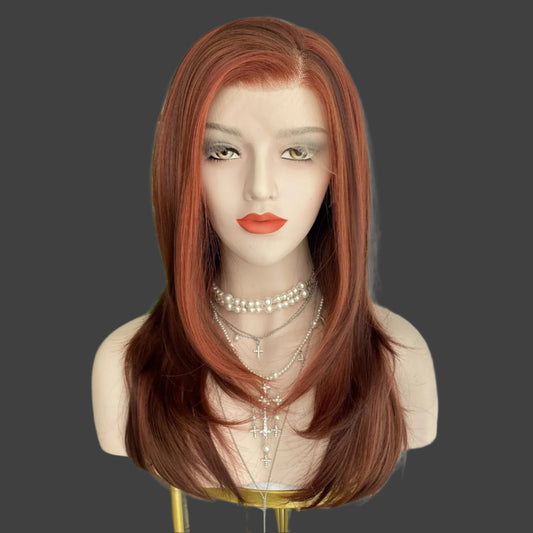 AKA BOONE COPPER.   Copper Orange Red Wig Mixed Brown Highlight Long Layered Shoulder Length 13x4 Synthetic Fiber Lace Front Wig 18Inch Pre Plucked Hairline for Women