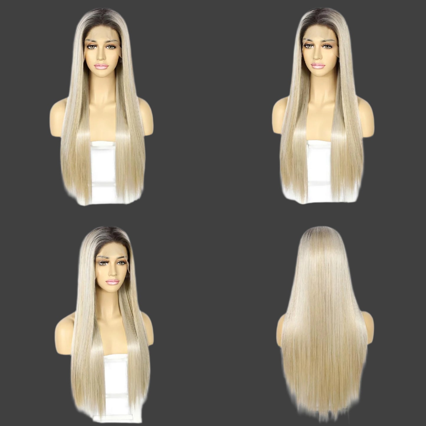 AKA:  LYDIA FALL AND LYDIA BLONDE.  13×6 Straight Synthetic Lace Front WigHighlight Wig Ombre Platinum Blonde Wigs with Brown Pre-plucked Hairline Heat Resistant Wig for Daily Use 26 Inches