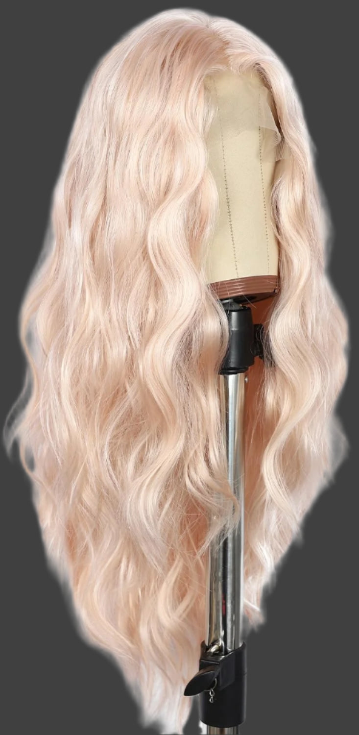 AKA:  LIZ.  Long Body Wave Wig 13×4 Synthetic Lace Front Wig Rose Gold Blonde Hair Loose Curly Hair Heat Resistant