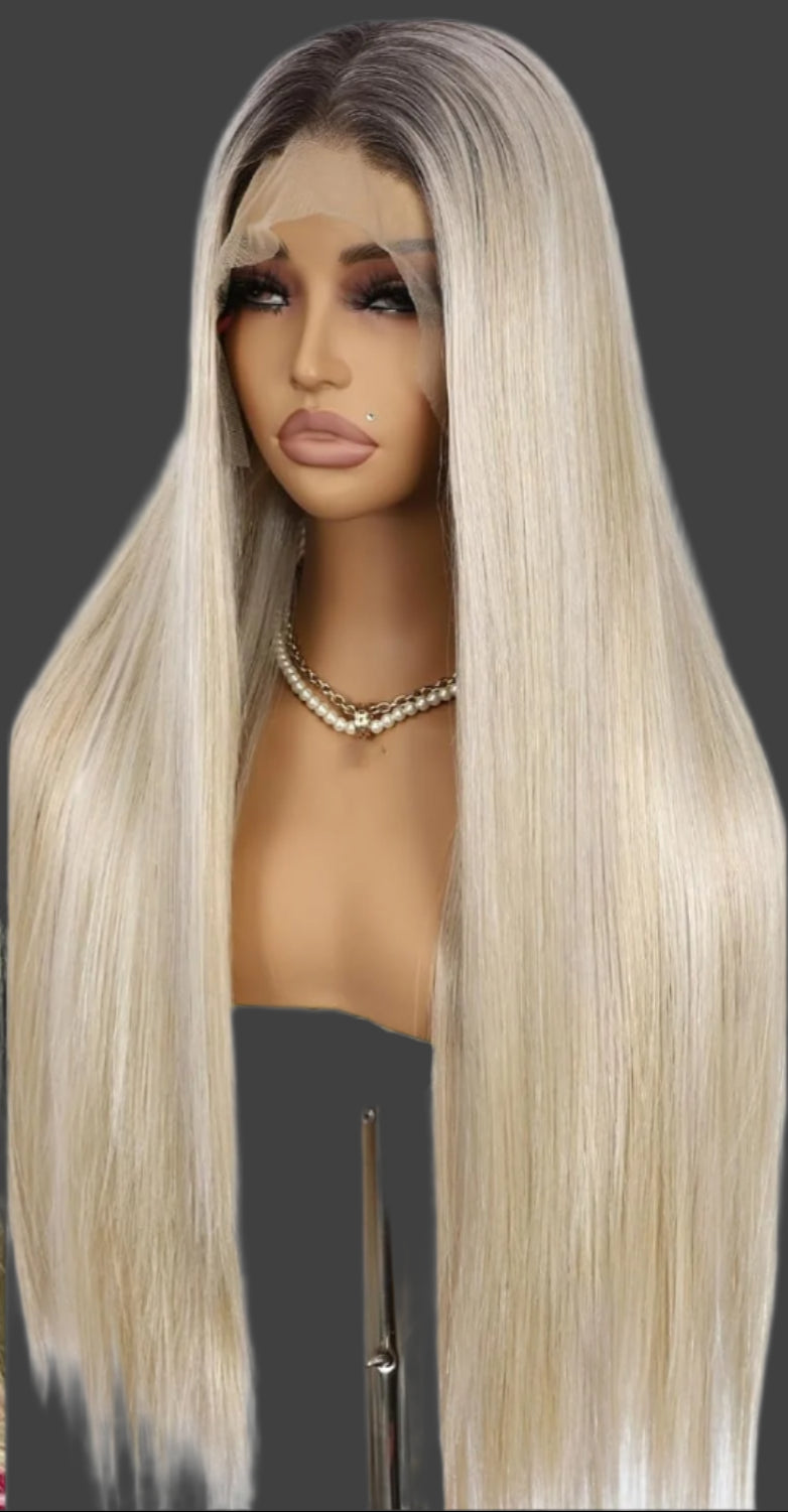 AKA:  LYDIA FALL AND LYDIA BLONDE.  13×6 Straight Synthetic Lace Front WigHighlight Wig Ombre Platinum Blonde Wigs with Brown Pre-plucked Hairline Heat Resistant Wig for Daily Use 26 Inches