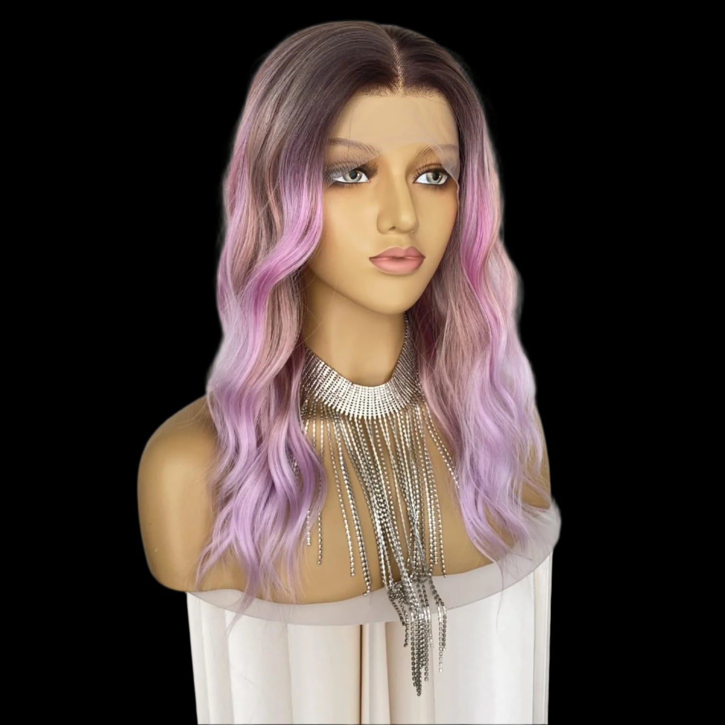 AKA;  ROSALEE.   Ombre Pinkish Mixed Purple Wig Rainbow Colored Highlight Synthetic Hair Pastel Rose Pink 13x4 Lace Front Wigs Loose Wavy 18Inch for Women Girls