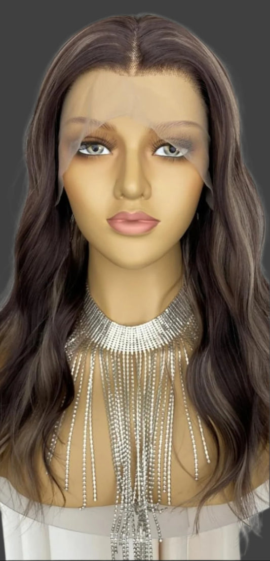 Brown Wigs Highlight Ash Blonde 13x4 Lace Front Wig Body Wave 4/27 Piano Color 18Inch Synthetic Fiber Pre Plucked Hairline for Women