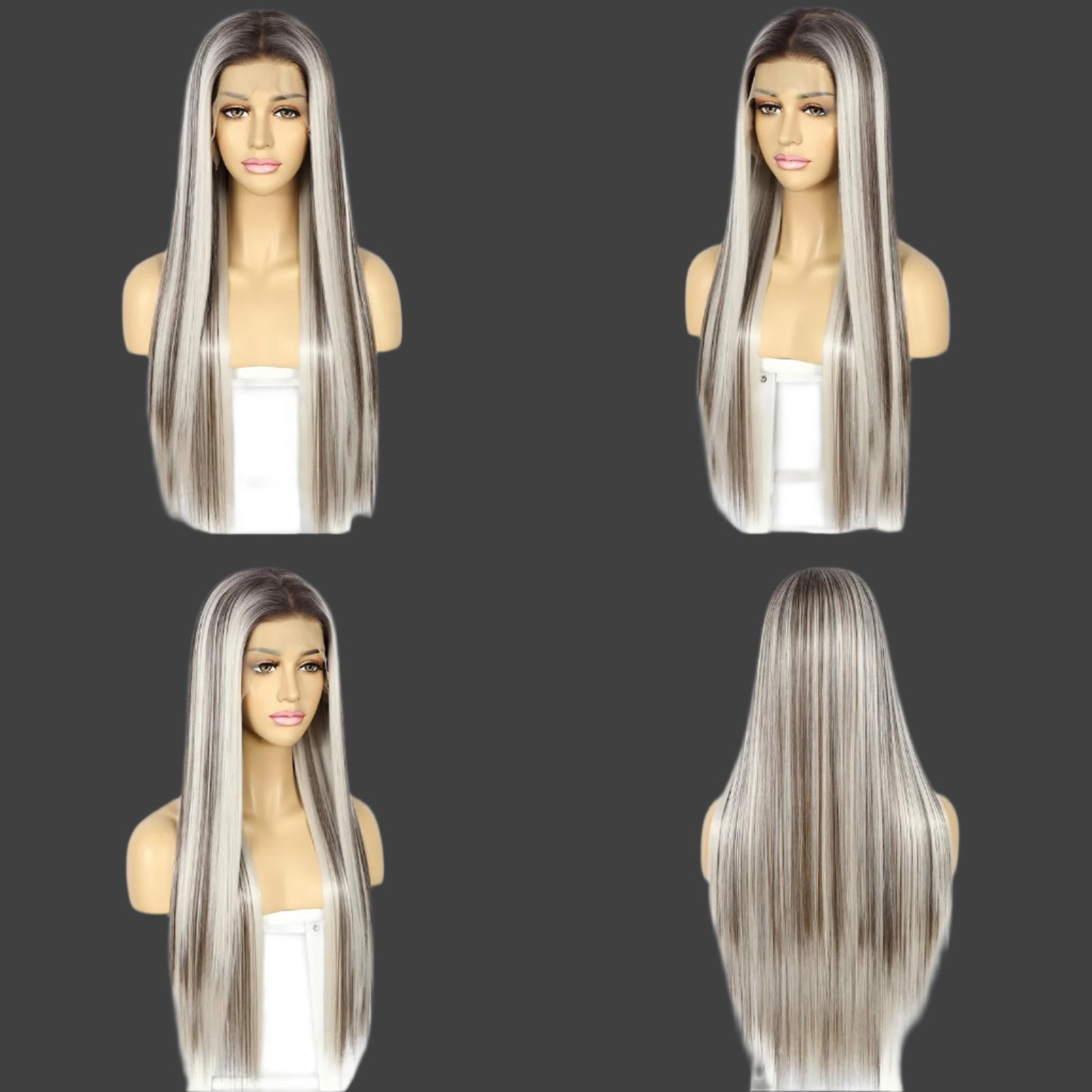 AKA:  LYDIA FALL AND LYDIA BLONDE.  13×6 Straight Synthetic Lace Front WigHighlight Wig Ombre Platinum Blonde Wigs with Brown Pre-plucked Hairline Heat Resistant Wig for Daily Use 26 Inches