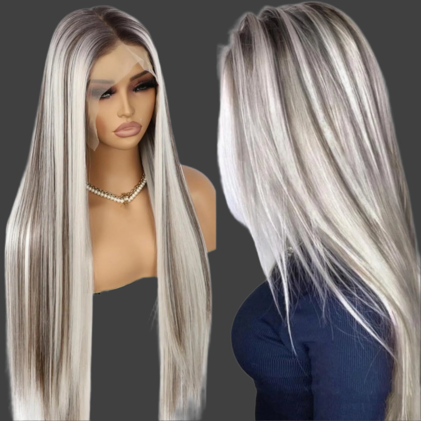 AKA:  LYDIA FALL AND LYDIA BLONDE.  13×6 Straight Synthetic Lace Front WigHighlight Wig Ombre Platinum Blonde Wigs with Brown Pre-plucked Hairline Heat Resistant Wig for Daily Use 26 Inches
