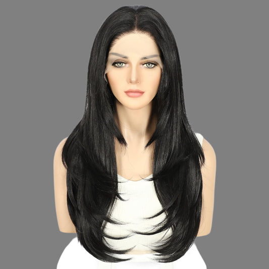 AKA NANCY.   Straight Lace Front Wig 13x4 Natural Black Synthetic Lace Front Yaki Straight layered Wigs Middle Heat Resistant Hair Cosplay Daily Party Wig Natural Looking 20 Inch