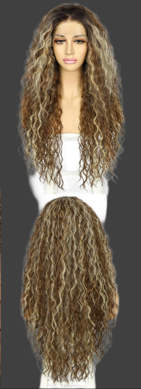 AKA:  MONICA BROWN WITH LIGHTS.  Brown Curly Lace Front Wig Water Wave Curly Wigs Highlight Light Brown Hair Synthetic Heat Resistant Wig 26 inch