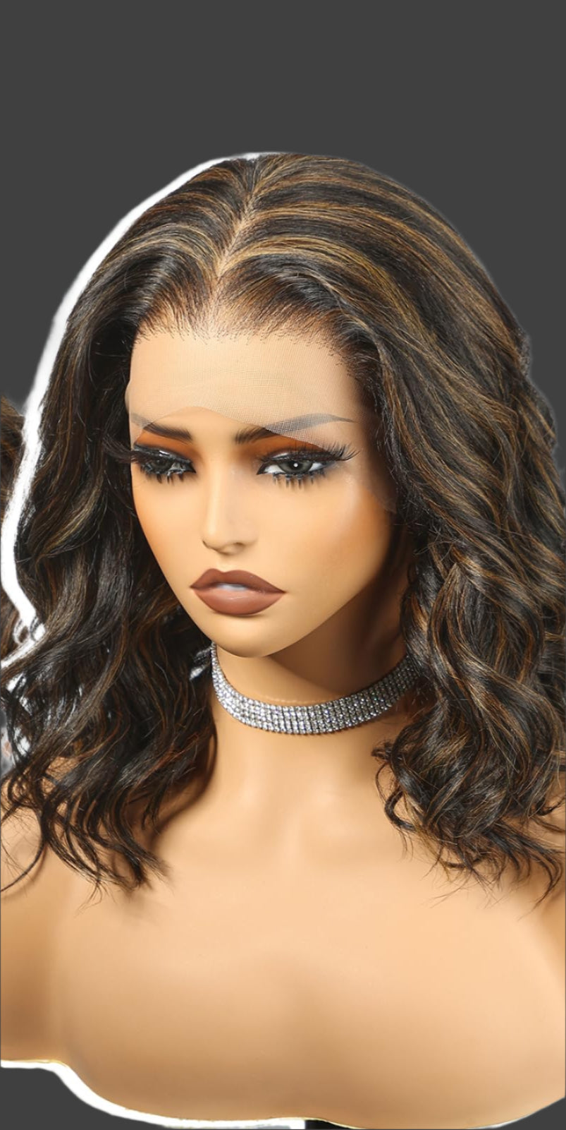 AKA:  FRENCHIE.  Dark Brown Highlight Synthetic Lace Front Wig,13×6 Glueless Shoulder Length Curly Bob Wigs for Women Daily Use 16IN（#1B/27） ﻿