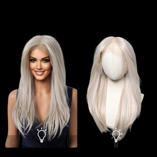 AKA STACI PLATINUM.    13×6 HD Lace Front Wig Platinum Blonde Wigs for Women 22 Inch Long Straight Silver Gray Natural Layered Glueless Wig Synthetic Lace Front Wig Middle Part Daily/Halloween/Party Use (Hand Tied)