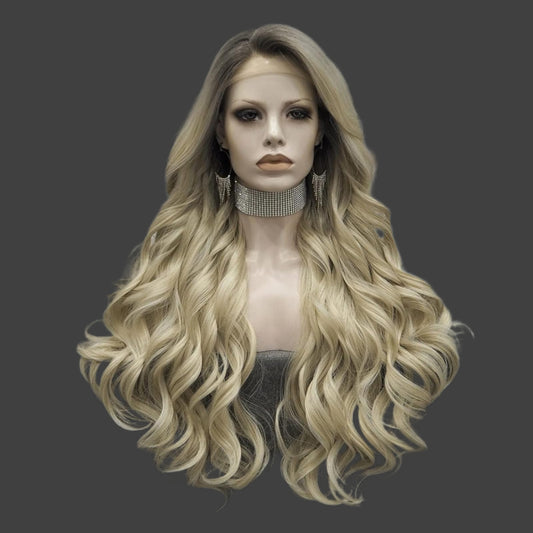 Ombre Blonde Lace Front Wigs Long Wavy Synthetic Hair Wig for Women Thick Soft Heat Resistant Hair Wig With Natural Hairline Part Freely 26 Inch