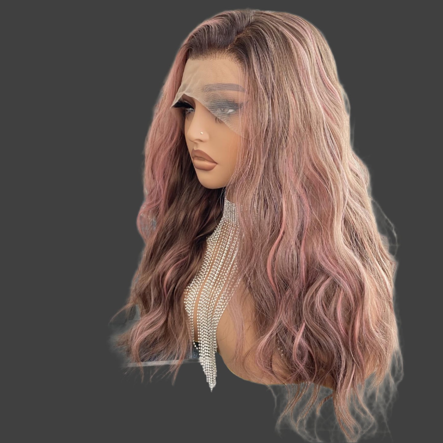 Chocolate Brown with Pink Wig Highlight 13x4 Lace Front Wigs Ombre Color Loose Curl Wave Synthetic Fiber Pre Plucked 18Inch for Women