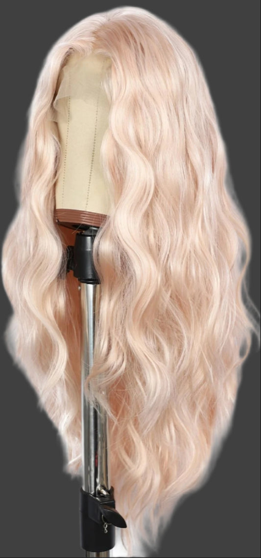 AKA:  LIZ.  Long Body Wave Wig 13×4 Synthetic Lace Front Wig Rose Gold Blonde Hair Loose Curly Hair Heat Resistant