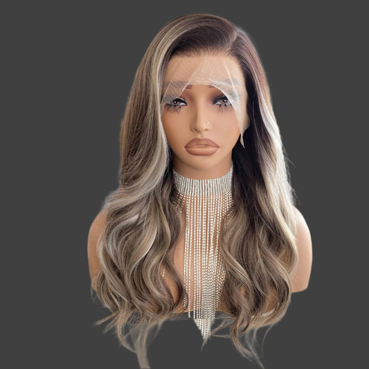 AKA:  AMILEE.  Platinum Brown with Blonde Wig Highlight 13x4 Lace Front Wigs Loose Body Wave Synthetic Fiber Pre Plucked 18Inch for Women