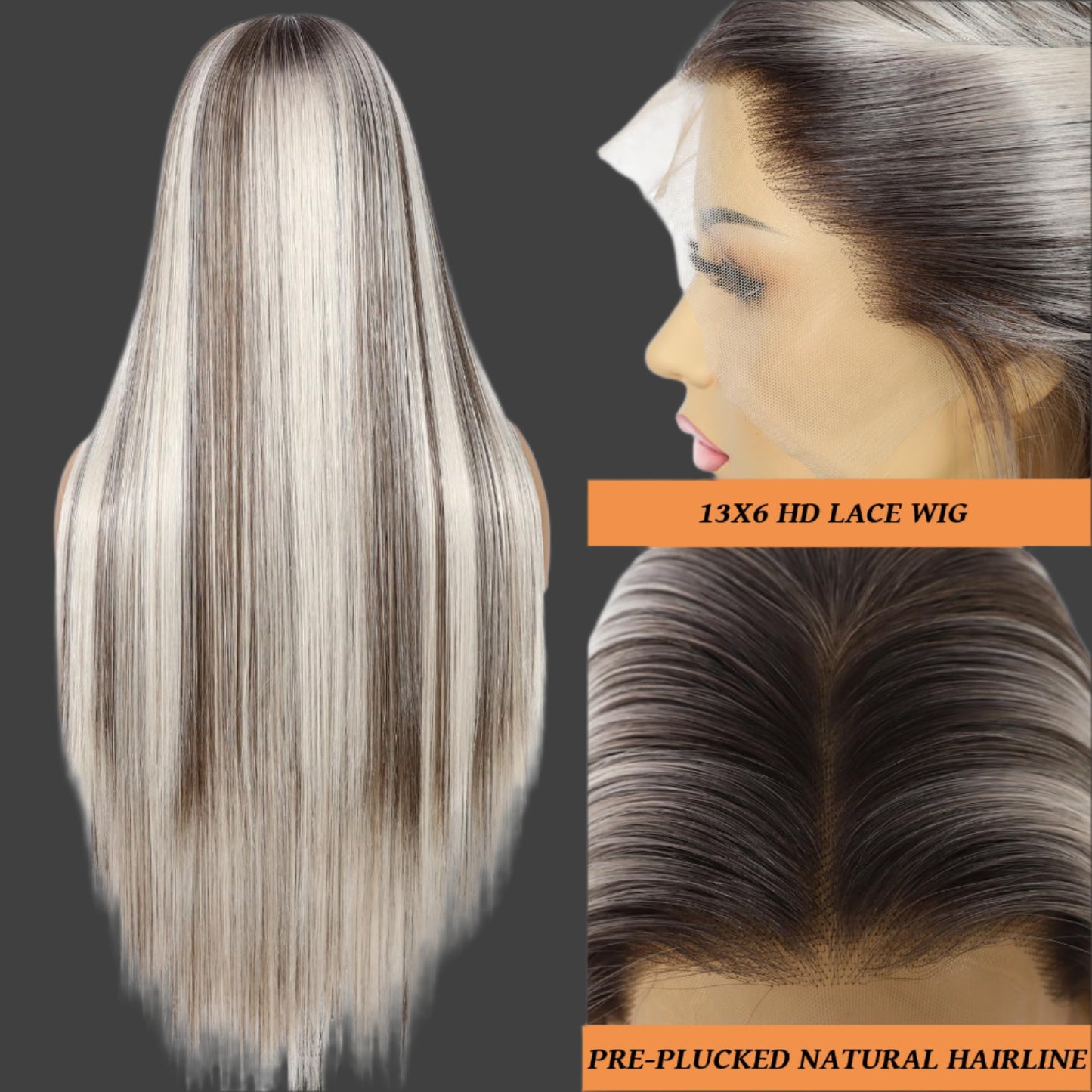 AKA:  LYDIA FALL AND LYDIA BLONDE.  13×6 Straight Synthetic Lace Front WigHighlight Wig Ombre Platinum Blonde Wigs with Brown Pre-plucked Hairline Heat Resistant Wig for Daily Use 26 Inches