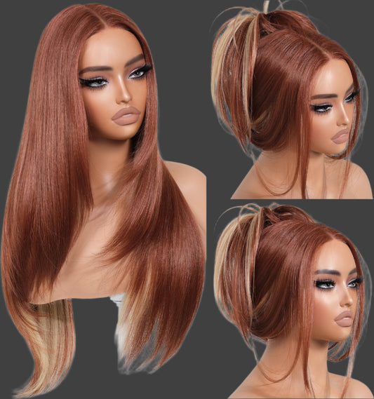 Ombre Blonde Wear and Go Glueless Wigs Pre Plucked Pre Cut for Beginners Synthetic Lace Front Wigs With Bangs Blonde Long Layered Straight Wigs 26 Inch 3 Seconds to Wear for Beginners