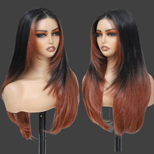 Synthetic Lace Front Wig Pre Cut Lace Glueless Wig Wear And Go 13X4X1 Inch HD Lace Layered Wig Pre Plucked Pre Bleached Glueless Wig Synthetic Wigs For Women Auburn Brown Black Root（2/30）26 Inch