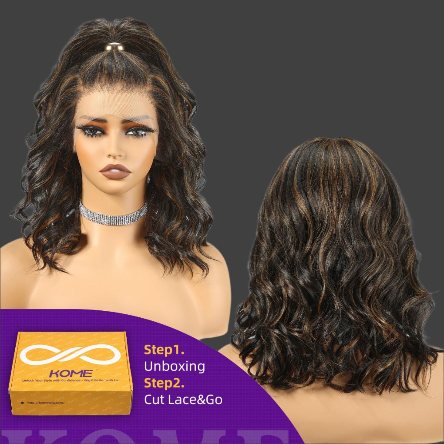 AKA:  FRENCHIE.  Dark Brown Highlight Synthetic Lace Front Wig,13×6 Glueless Shoulder Length Curly Bob Wigs for Women Daily Use 16IN（#1B/27） ﻿