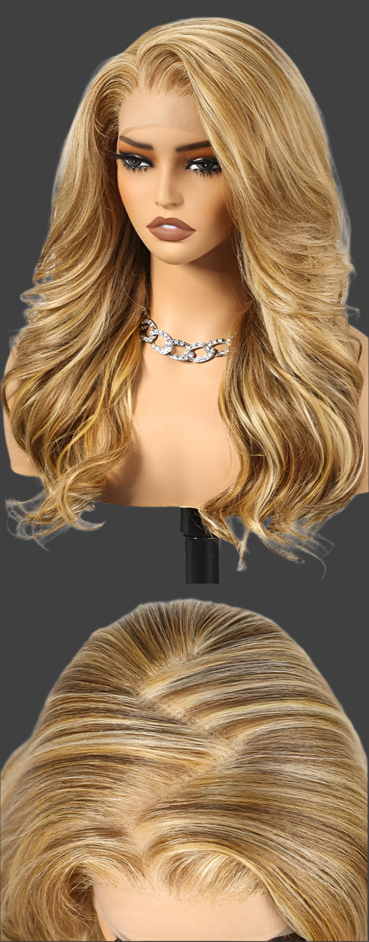 13x6 HD Synthetic Lace Front Wig, 24 Inch Blonde Highlights Long Curly Layered Wigs, Natural Density Hairline Glueless Wigs for Women Daily Use