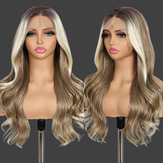 Highlight Blonde Lace Front Wig 13x4 Pre Plucked Body Wave Synthetic Lace Front Wig Balayage Heat Resistant Hair 22 Inch