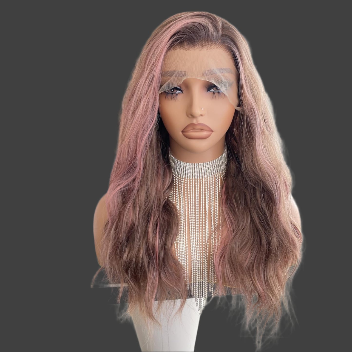 Chocolate Brown with Pink Wig Highlight 13x4 Lace Front Wigs Ombre Color Loose Curl Wave Synthetic Fiber Pre Plucked 18Inch for Women