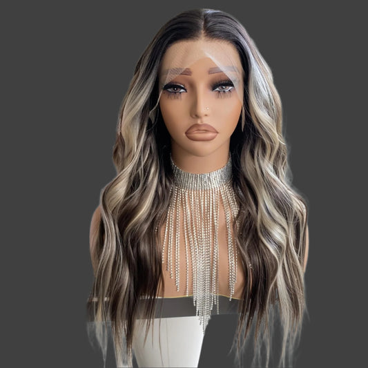 AKA SHERRY BROWN WITH LIGHTS.    Brown Highlight Blonde Wig Ombre Dark Root 13x4 Lace Front Wigs Pre Plucked Long Loose Wave Platinum Synthetic Fiber Hair 20Inch for Women