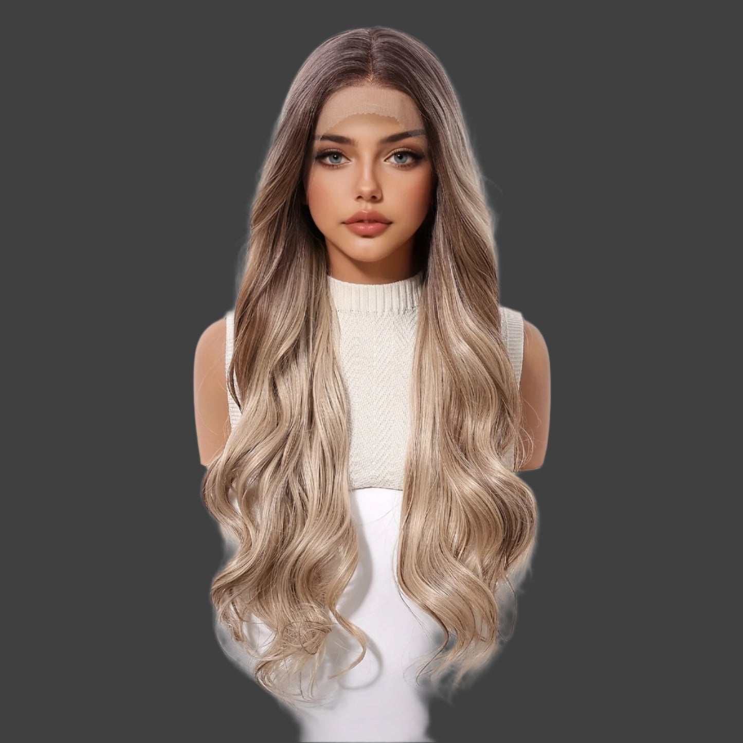 13x4 HD Transparent Lace Front Wig 26 Inch Dark Roots Gradient Golden Brown Body Wave Synthetic Hair - Glueless Pre-Plucked Comfort Fit Lace Wig for Women, Daily & Party Wear, Breathable 150% Density Elegant Versatile Style, Synthetic Lace Front Wig, Ver