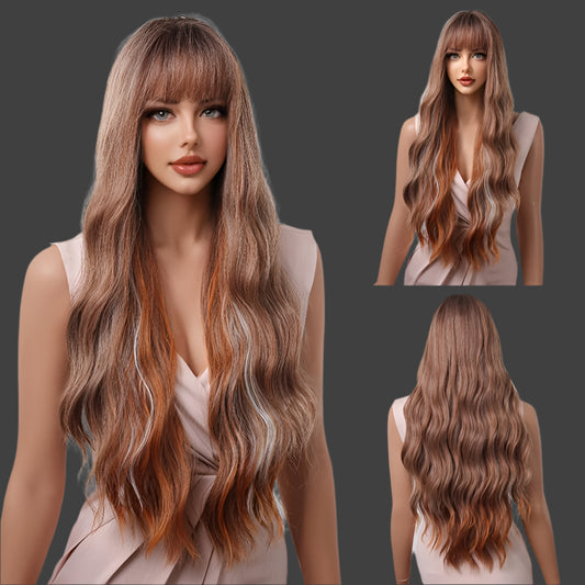 28 Inch Gradient Brown Mixed Dye Roll Bangs Wig, Fashionable Women'S Wig, Flexible Synthetic Wig, Suitable For Daily, Party, Halloween, Christmas, Music Festival, Cosplay And Other Activities