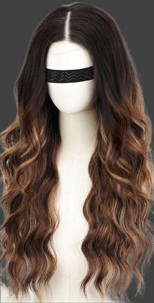 Long Brown Wavy Wig with Highlights Middle Part Curly Wigs Lace Hairline Wigs for Women Ombre Brown Synthetic Heat Resistant for Daily Part Use