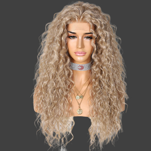AKA MONICA BLONDE.   Curly Synthetic Lace Front Wigs Deep Curly Wig for Black Women Ash Blonde Wig Glueless Pre Plucked Wigs Heat Resistant Fiber Hair 26 inch