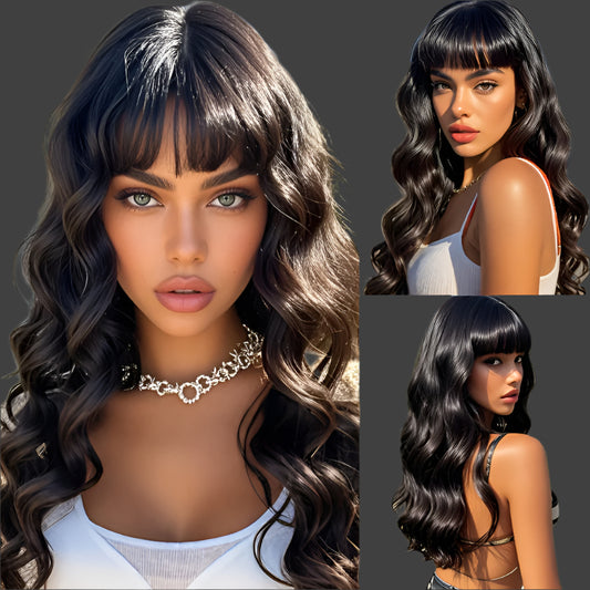 Wavy Wigs For Women Black, Wigs With Bangs, Loose Curls, Density 150%, No Glue, Easy To Wear, High Temperature Resistance, Suitable For Daily Wear, Cosplay, Party, Music Festival, Vacation