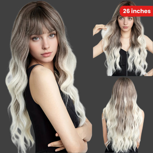 Grey and white mixed dyeing gradient high gloss dyeing Smilco synthetic Crochet wig - fashionable and avant-garde, relaxed and fashionable curly style, charming women's headwear (26 inches)