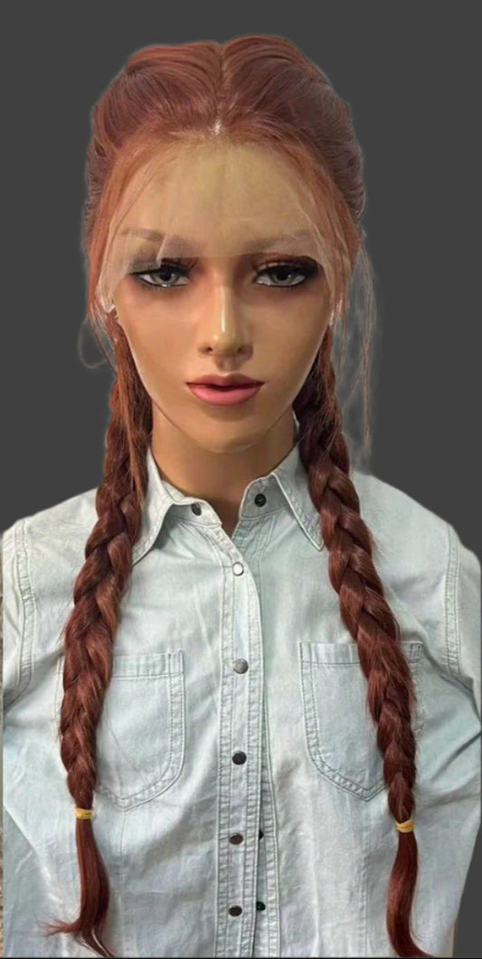 Chic Copper Red Double Braided Lace Front Wig for Women - Heat Resistant Synthetic Hair, 13x3 Lace, Long Straight Style