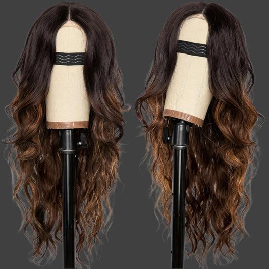 AKA JONI.  Long Wavy Brown With Blonde Highlight Lace Hairline Wigs For Women, Middle Part Synthetic Heat Resistant Wig For Daily Party-24 Inch
