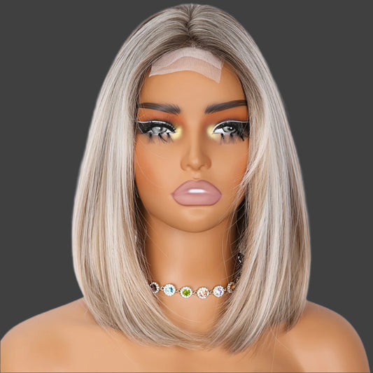150% Density 4*1U Lace BOB Short Hair Lace Wig For Girls, Golden Highlights Synthetic Lace Wig Suitable For Daily Wear And Party Wear.
