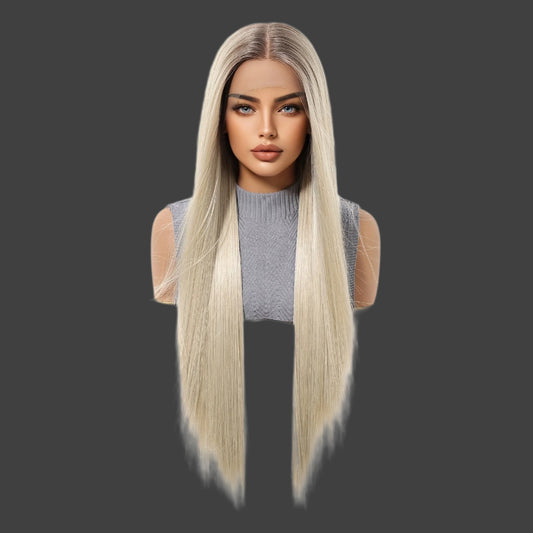 13x5*1 HD Transparent Lace Front Wig 30Inch Silvery Long Straight Hair Synthetic Lace Wig Pre Plucked Glueless Lace Wig Daily Wear&Christmas&Music Festival&Party-Natural Look & Comfort Fit
